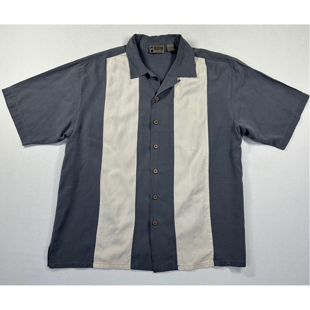 Vintage Alpine Design Silk Bowling Shirt L Blue Gray Cream Palm Tree Retro Coast